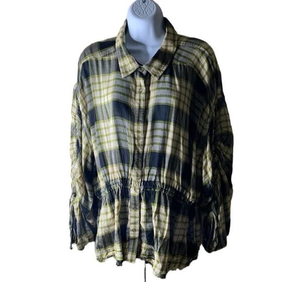 We The Free People Plaid Released Trim Raw Hem Shirt Women Size Large Button Up - Picture 4 of 12